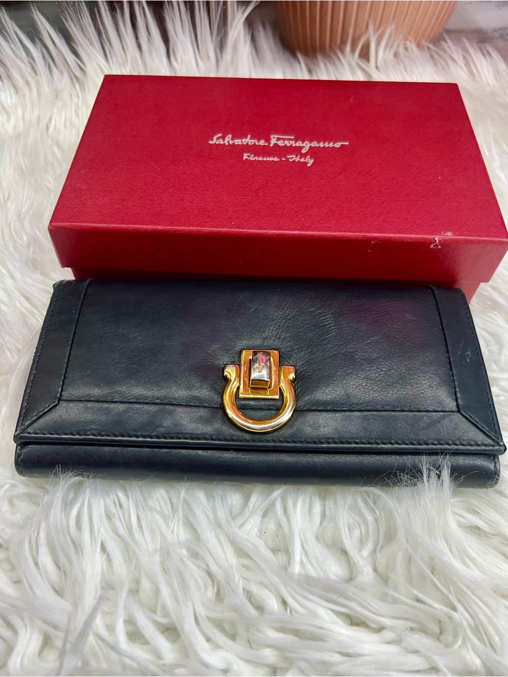 Salvatore Ferragamo Black Leather Wallet with Gold Horsebit Ring